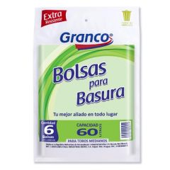 BOLSAS GRANCO PARA BASURA EXTRA RESISTENTES 60L X 6UN